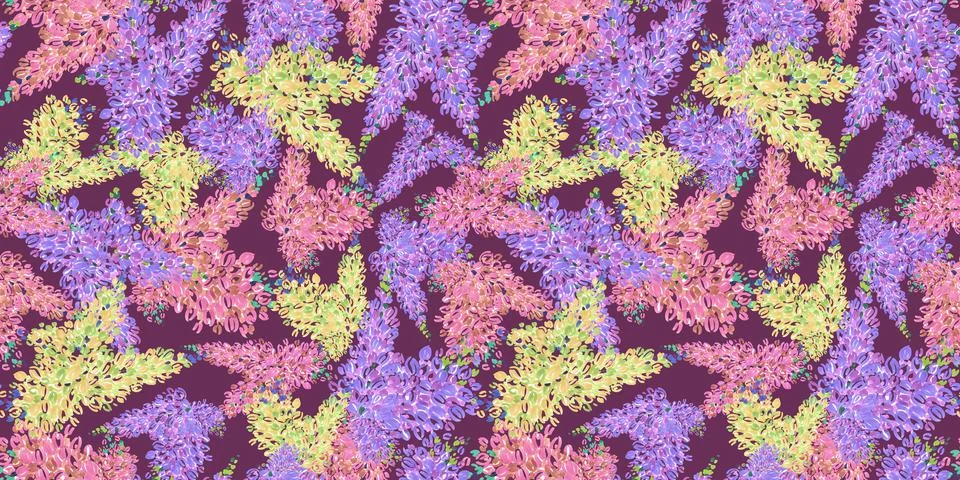 Spring Seamless Pattern of Floral elements in doodle style on purple background Stock Illustration