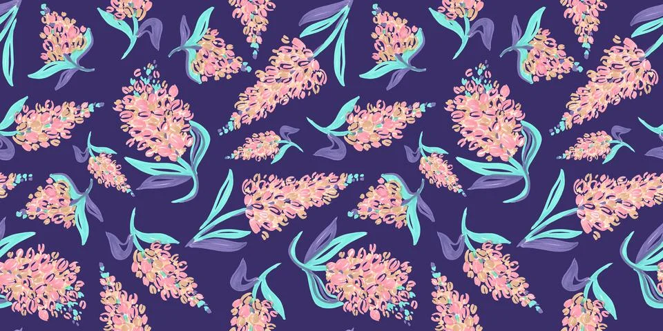 Spring Seamless Pattern of Floral elements in doodle style on violet background Stockillustratie