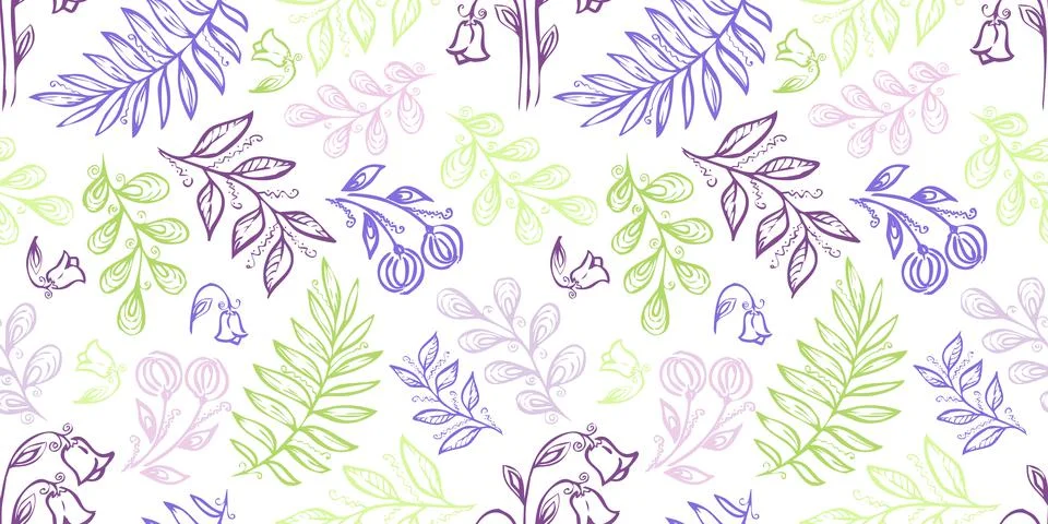 Spring Seamless Pattern. Floral elements in doodle style. White background Illustrazione stock