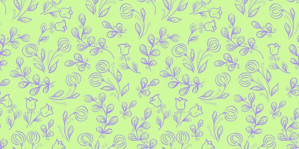 Spring Seamless Pattern. Floral elements in doodle style. Green background Stock Illustration