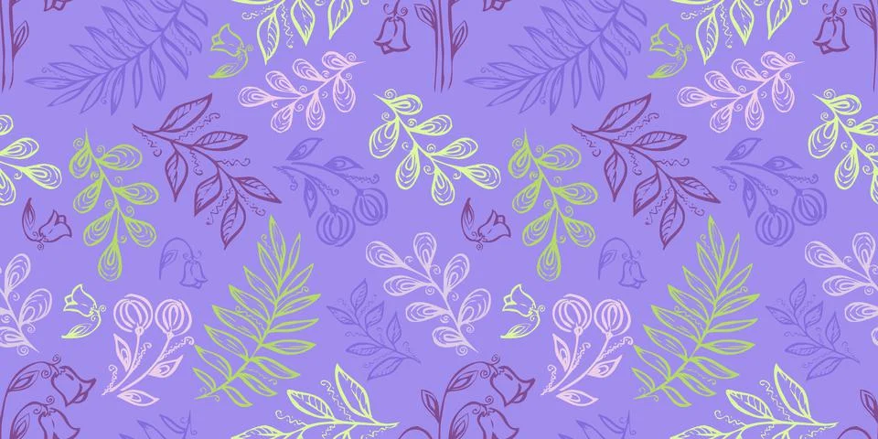 Spring Seamless Pattern. Floral elements in doodle style. Violet background Stock Illustration
