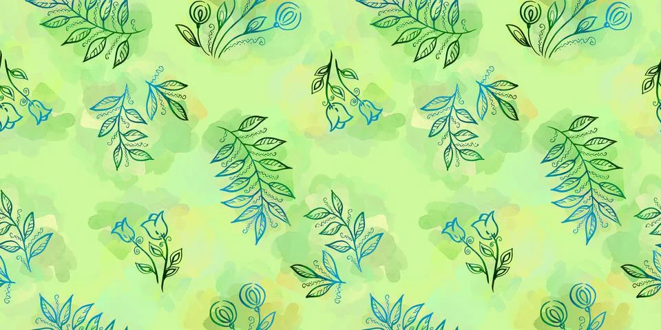 Spring Seamless Pattern. Floral elements in doodle style. Green background Stock Illustration