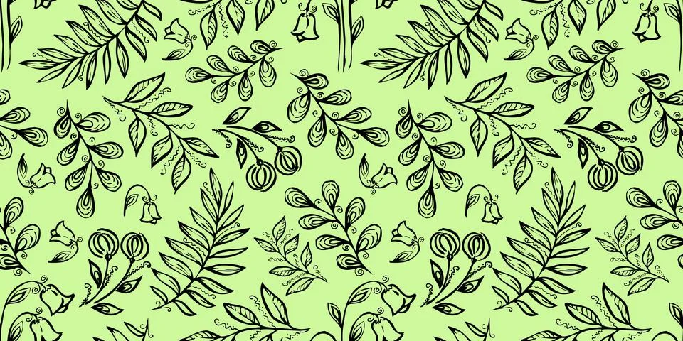 Spring Seamless Pattern. Floral elements in doodle style. Green background Illustrazione stock