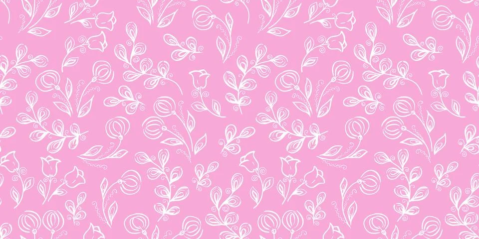 Spring Seamless Pattern. Floral elements in doodle style. Pink background イラスト素材