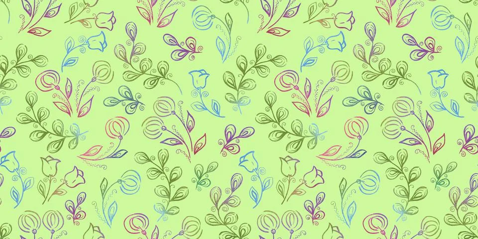 Spring Seamless Pattern. Floral elements in doodle style. Green background Stock Illustration