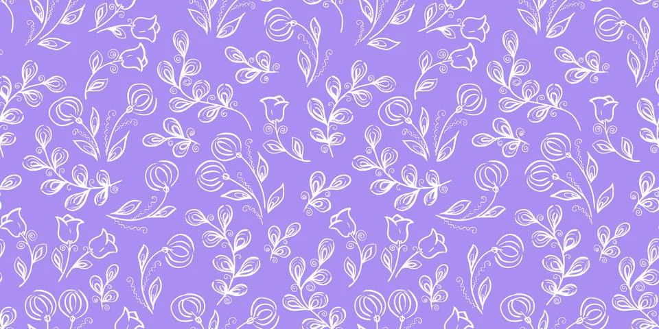 Spring Seamless Pattern. Floral elements in doodle style. Violet background Stock Illustration