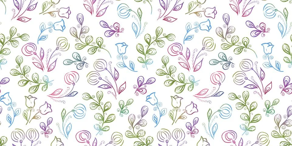 Spring Seamless Pattern. Floral elements in doodle style. White background Stock Illustration