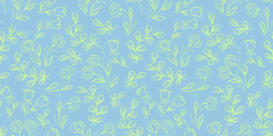 Spring Seamless Pattern. Floral elements in doodle style. Blue background Stock Illustration