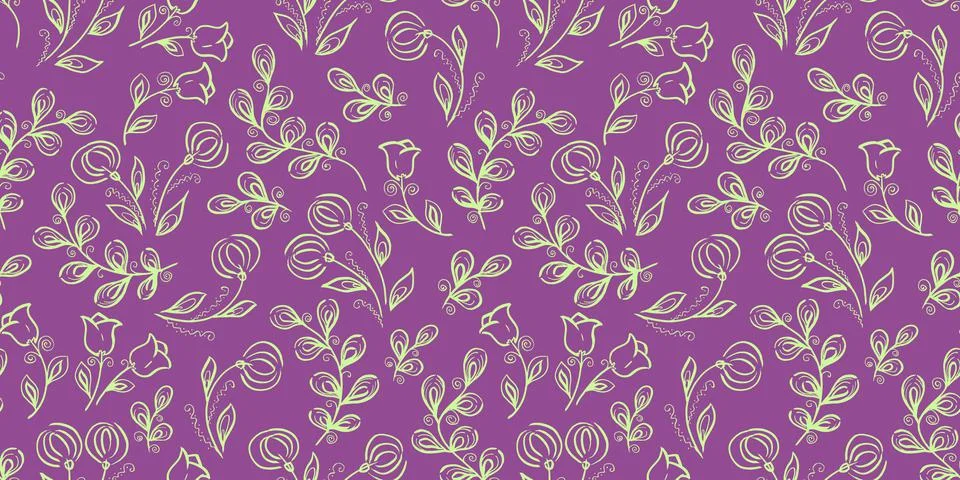 Spring Seamless Pattern. Floral elements in doodle style. Purple background Illustrazione stock