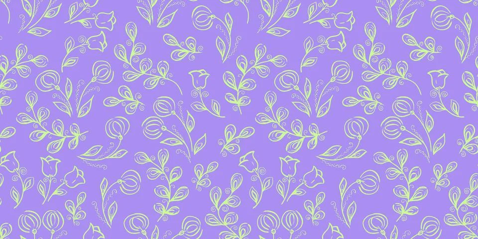Spring Seamless Pattern. Floral elements in doodle style. Violet background Stock Illustration