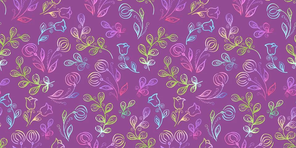 Spring Seamless Pattern. Floral elements in doodle style. Purple background Stock Illustration