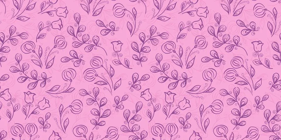 Spring Seamless Pattern. Floral elements in doodle style. Pink background Illustrazione stock