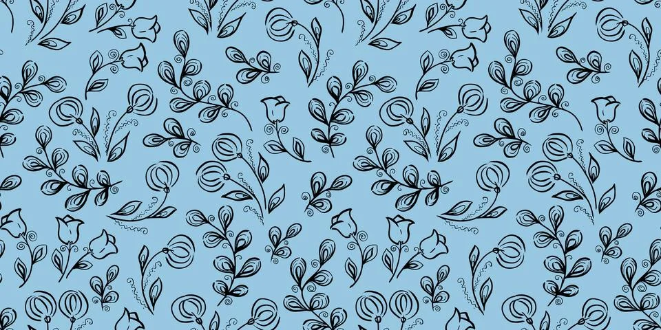 Spring Seamless Pattern. Floral elements in doodle style. Blue background Stock Illustration
