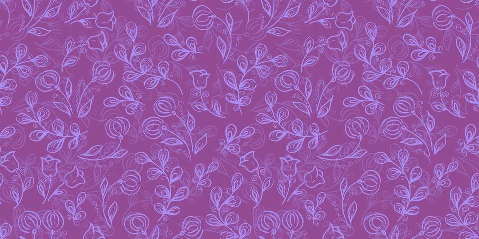 Spring Seamless Pattern. Floral elements in doodle style. Purple background Stock Illustration