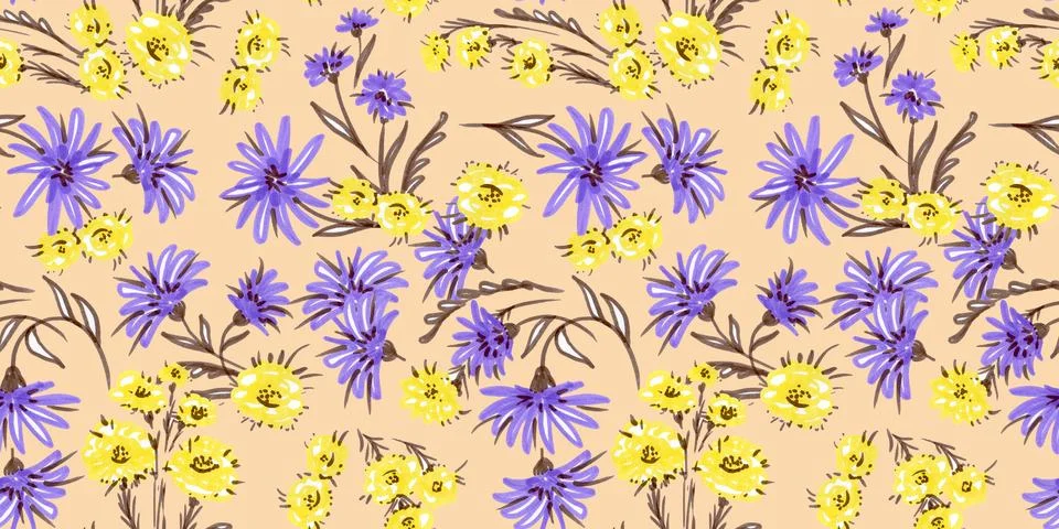 Spring Seamless Pattern. Floral elements in doodle style. Felt pen or markers Stock Illustration