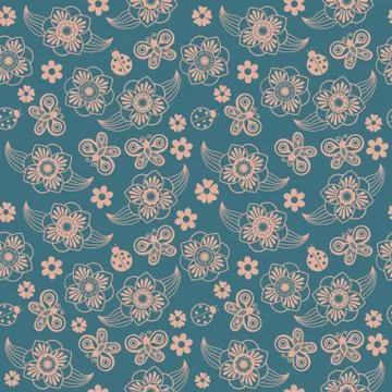 Spring seamless pattern with flowers and ladybirds. Stock Illustration