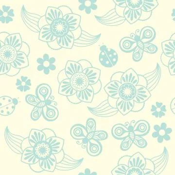 Spring seamless pattern with flowers and ladybirds. Stock Illustration