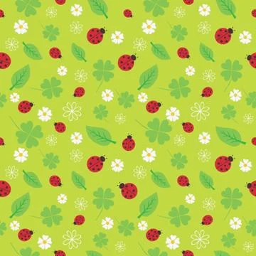 Spring seamless pattern with flowers and ladybirds. Stock Illustration