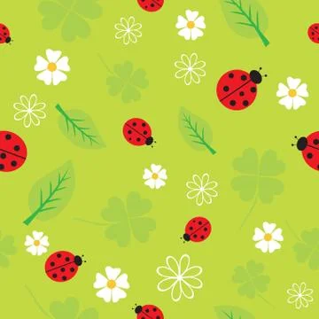 Spring seamless pattern with flowers and ladybirds. Stock Illustration