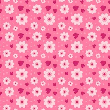 Spring seamless pattern with flowers and hearts on pink background. Stock Illustration