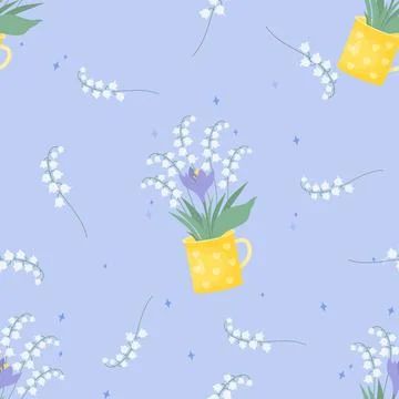 Spring seamless pattern. Flowers May lilies of the valley and crocus in cup.. Stock Illustration