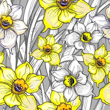 Spring seamless pattern with flowers of Narcissus, Daffodils, jonquil. Stock Illustration