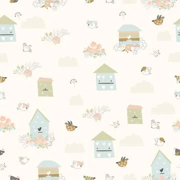 Spring seamless pattern with flowers,birds and birdhouses Stock Illustration