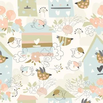Spring seamless pattern with flowers,birds and birdhouses Stock Illustration