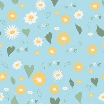 Spring Seamless Pattern. Fresh background with flowers, leaves and hearts. .. Stock Illustration