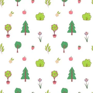 Spring seamless pattern with fruits, flowers and trees Stock Illustration