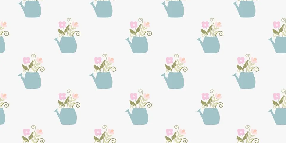 Spring Seamless pattern. Garden Watering Cans with Delicate Flowers bouquet.. Stock Illustration
