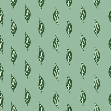 Spring seamless pattern with hand drawn outline green leaves ornament. Pale b Stock Illustration