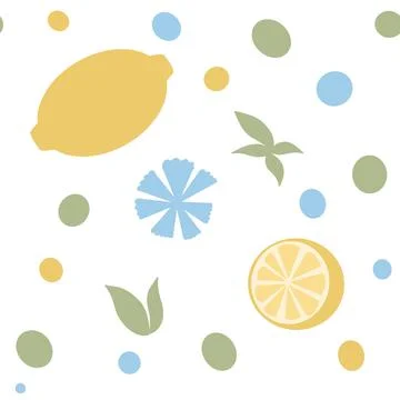 Spring seamless pattern of lemons, flowers, green leaves. Illustrazione stock