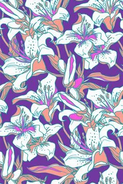 Spring seamless pattern with lilies flowers, buds and leaves. Stock Illustration