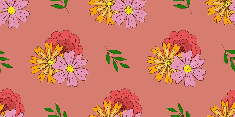 Spring seamless pattern with meadow flowers, rose, daisy, calendula and branches Stock Illustration