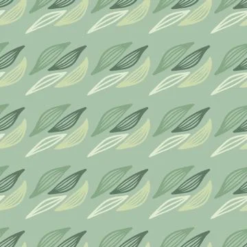 Spring seamless pattern with outline leaves on pastel green background. Stock Illustration