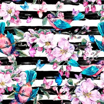 Spring seamless pattern with pink flowers blooming branches of p Stock Illustration