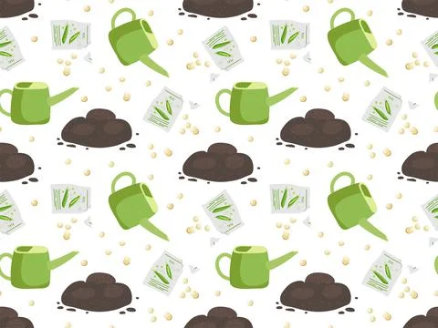 Spring seamless pattern. Plant seeding process. Green pea seeds, Soil, watering Stock Illustration