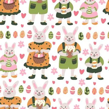 Spring seamless pattern with rabbit family, Easter cakes and eggs Stock Illustration