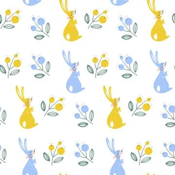 Spring seamless pattern with rabbits on a white background. Summer background Stock Illustration