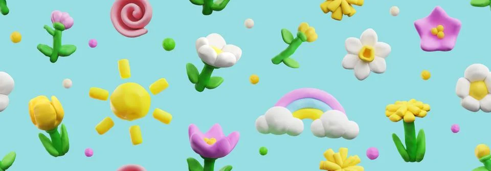 Spring seamless pattern, realistic 3D render in plasticine art, vector Ilustración de archivo