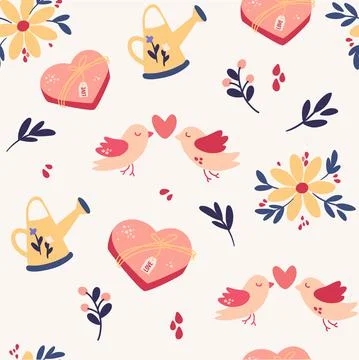 Spring seamless pattern. Romantic background with birds, flowers, watering ca Illustrazione stock