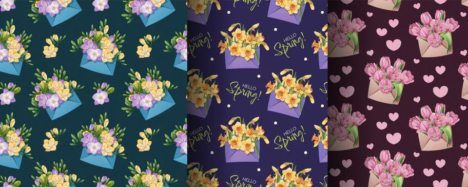 Spring Seamless Pattern Set with Daffodils, Tulips and Freesia in Envelope Stock Illustration