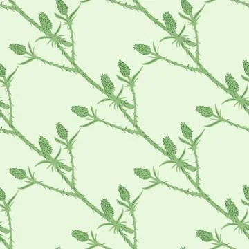 Spring seamless pattern with thorn twigs silhouettes. Green branches on light Illustrazione stock
