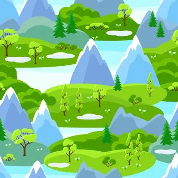 Spring seamless pattern with trees, mountains and hills. Seasonal landscape Stock Illustration