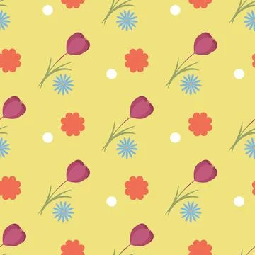 Spring seamless pattern of tulip, chamomile and red on a yellow background Stock Illustration