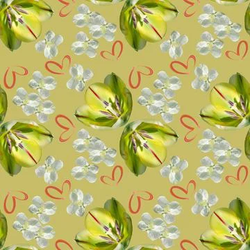 Spring seamless pattern of tulips and apple blossoms on a square background with 스톡 사진