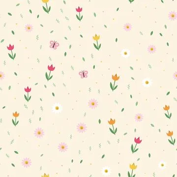 Spring seamless pattern with tulips, daisies, butterflies and small leaves on Stock Illustration
