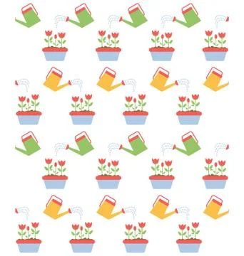 Spring seamless pattern with watering flowers isolated on white Stock Illustration