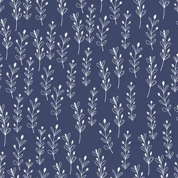 Spring seamless pattern with white sprigs on blue background. Vector stock Stock Illustration